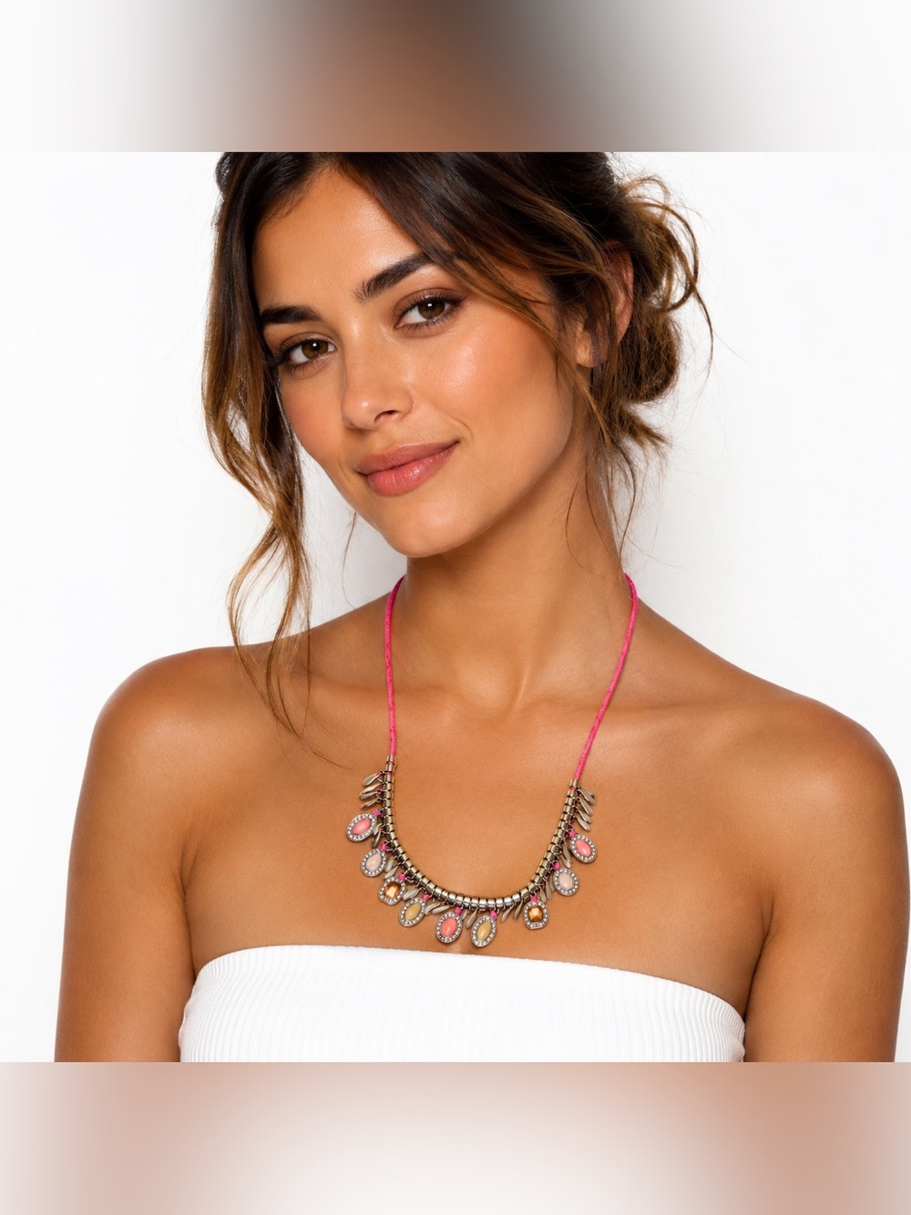 Kent & King Pink Statement Necklace Boho Western Rhinestone Bib Adjustable Cord